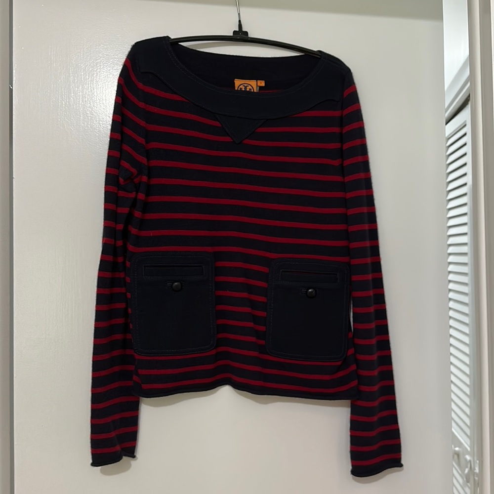 Red and Navy striped Tory Burch sweater.